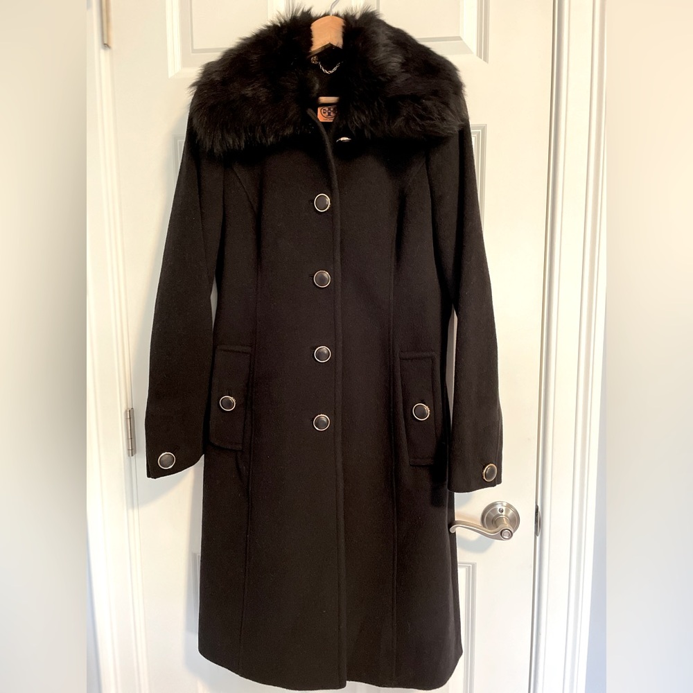 Tory Burch Black Winter Coat W/ Removable Fur Collar, size 10